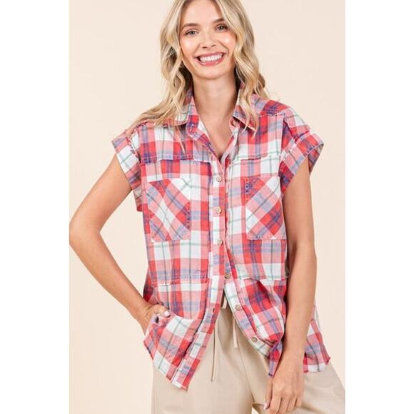 Mittoshop Mineral Washed Plaid Pattern Button Down Relaxed Fit Shirt | Red - Picture 6 of 6